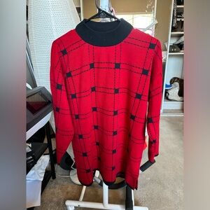 Karen Lessly Sweater Acrylic Medium Made In USA Red/Black NWOT Turtle Neck plaid